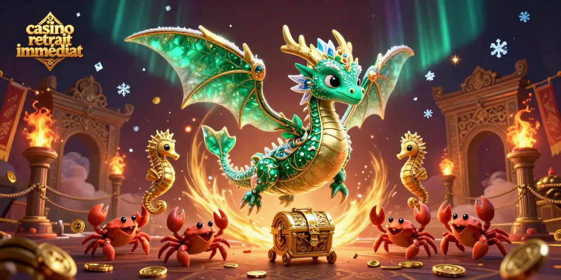 Visuel dynamique du casino retrait immédiat, illustrant un dragon de mer et une bataille d'éléments ludiques