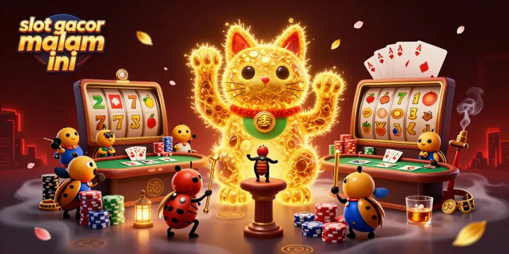 Melihat slot gacor malam ini dengan karakter kucing keberuntungan dan simbol kasino yang menari di antara cahaya cerah.