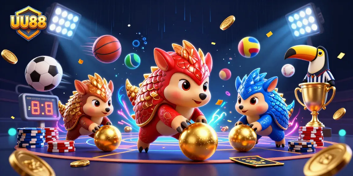 UU88 features dynamic pangolins competing with colorful sports elements in a lively, vibrant illustration.