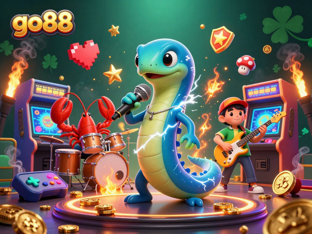 Experience go88 excitement with a DJ electric eel, lobster drummer, and seahorse guitarist in casino style.