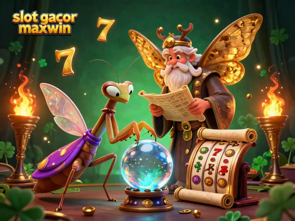 Engage with slot gacor maxwin through this vibrant illustration featuring a mystical fortune teller and slot game elements.