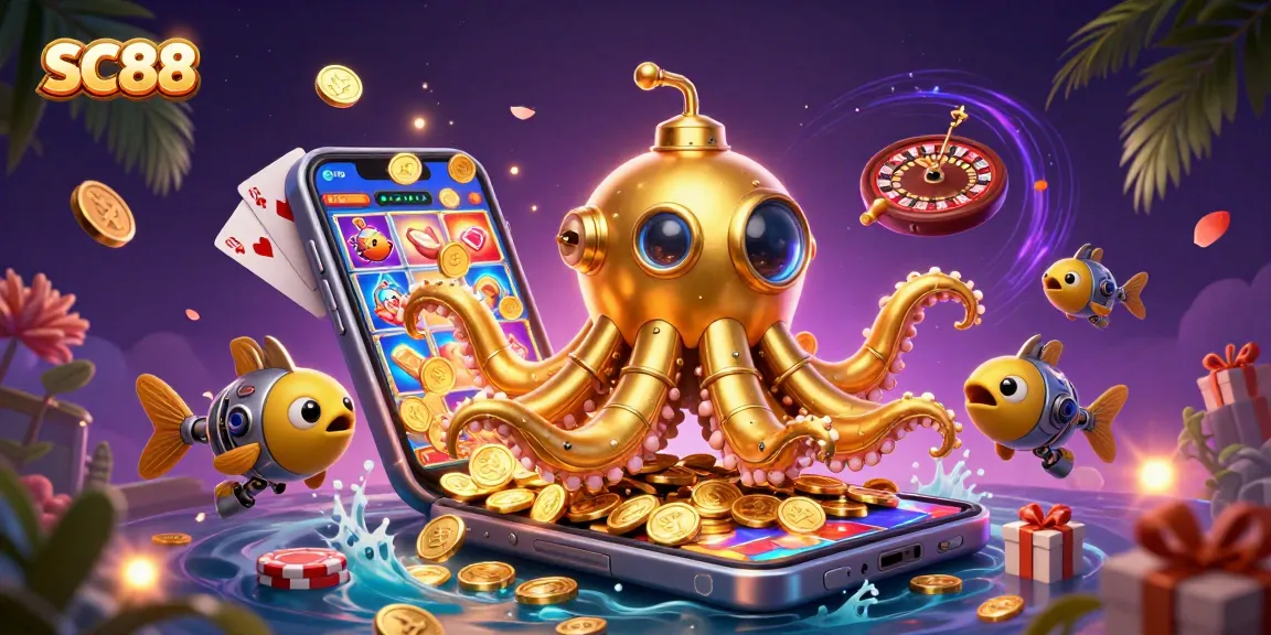 Engage with SC88's thrilling gaming atmosphere featuring a golden kraken amidst slot games and golden treasures.