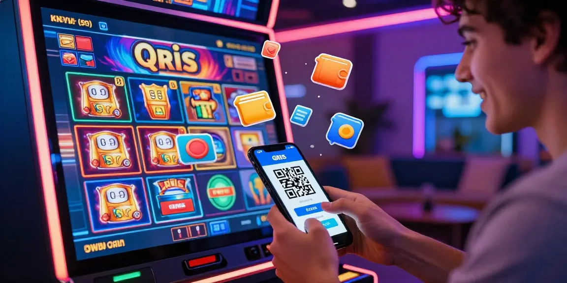 Excited player enjoying slot qris game on mobile device in vibrant casino setting.