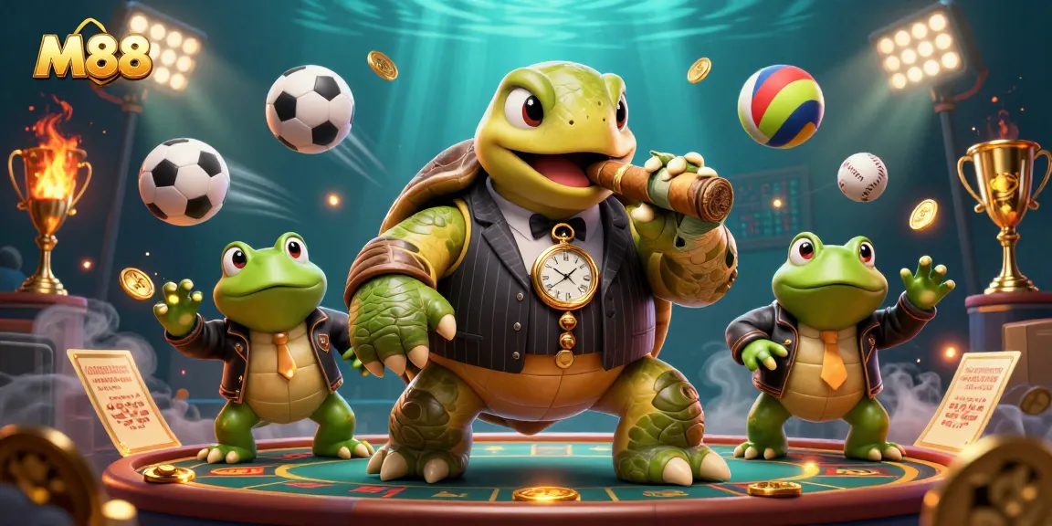 M88 presents a vibrant casino scene with cartoon characters using betting slips and celebrating winning moments.