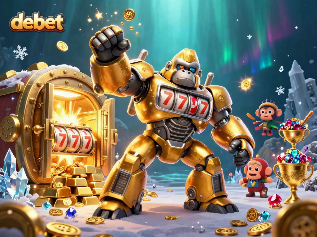 Experience vibrant gaming action with debet, showcasing a golden gorilla mech and treasure.