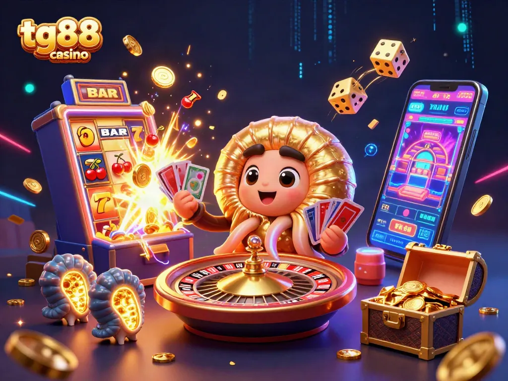 Engage with exciting tg88 casino action featuring a vibrant 3D illustration of a nautilus roulette wheel and slot machine.