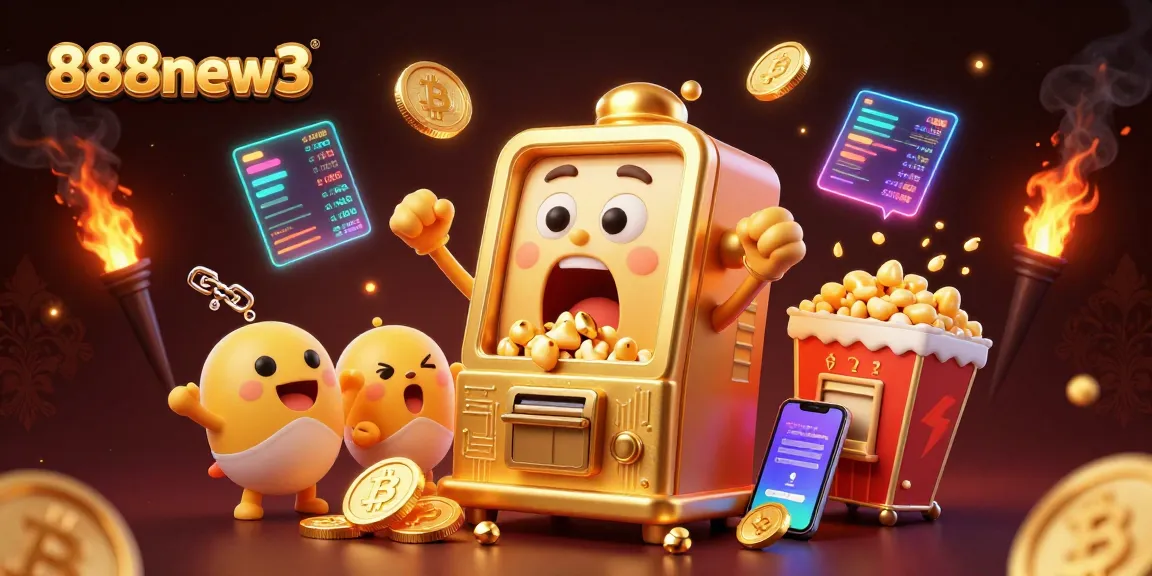 Watch the golden slot machine hit a jackpot at 888new3, accompanied by cheering baby machines and crypto-themed elements.