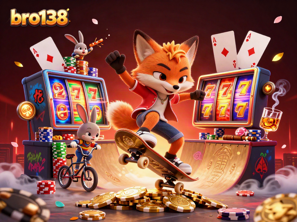 Engage with bro138's vibrant casino scene featuring exciting slot reels and animated characters.