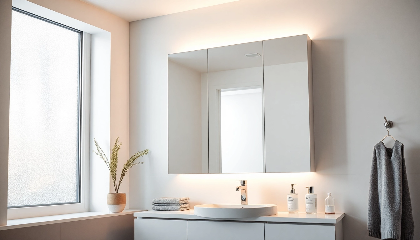 Spiegelschrank Bad mit Beleuchtung und stilvollem Design in modernem Badezimmer.