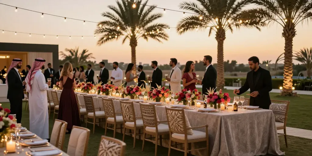 Event furniture rental setup for an elegant outdoor wedding reception in Saudi Arabia.