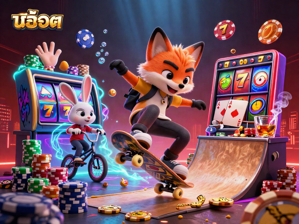 Experience the thrill of สล็อต with an action-packed illustration featuring a skateboarder fox and BMX rabbit in a vibrant casino scene.