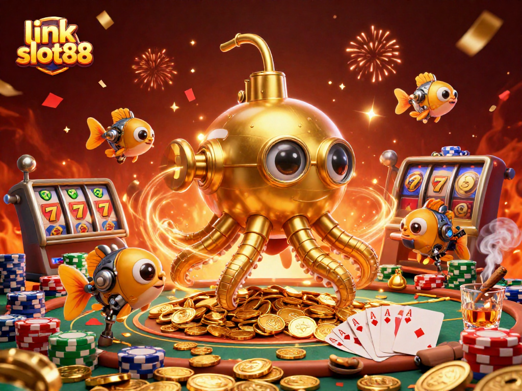 Engage with the excitement of link slot88 through a rich 3D illustration of a golden kraken submarine surrounded by casino elements.