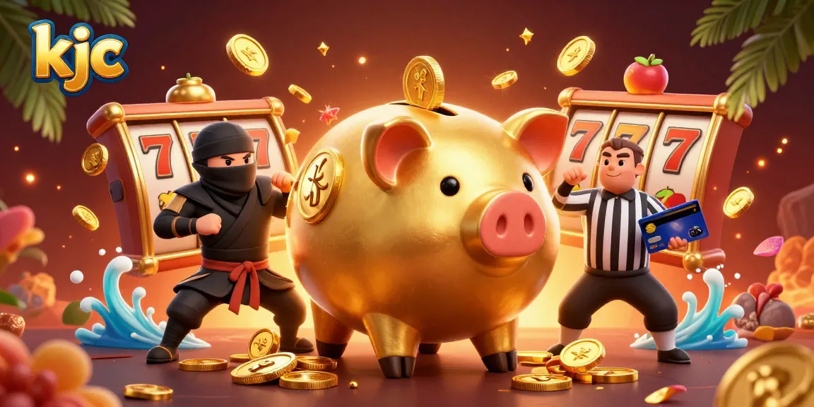 Engage in thrilling casino action with kjc featuring dynamic characters amidst spinning slot reels and golden coins.