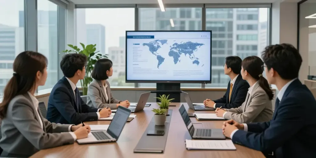 Lead Roedl team collaborating on international legal strategies in a modern office.