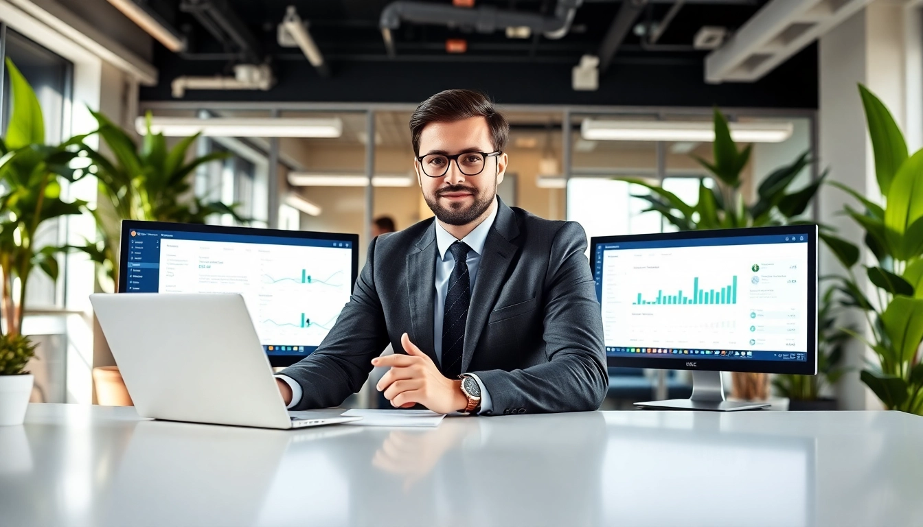 Sales representative utilizing Superhuman for sales tool in a vibrant office environment.