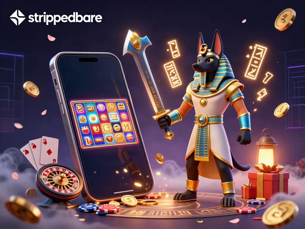 Permainan slot berwarna-warni di smartphone dengan karakter strippedbare dalam suasana kasino yang magis.