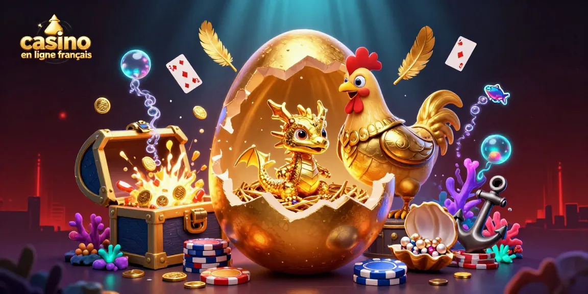 Cela illustre le casino en ligne français avec un dragon doré sur un tas de jetons de poker, entouré de trésors sous-marins.