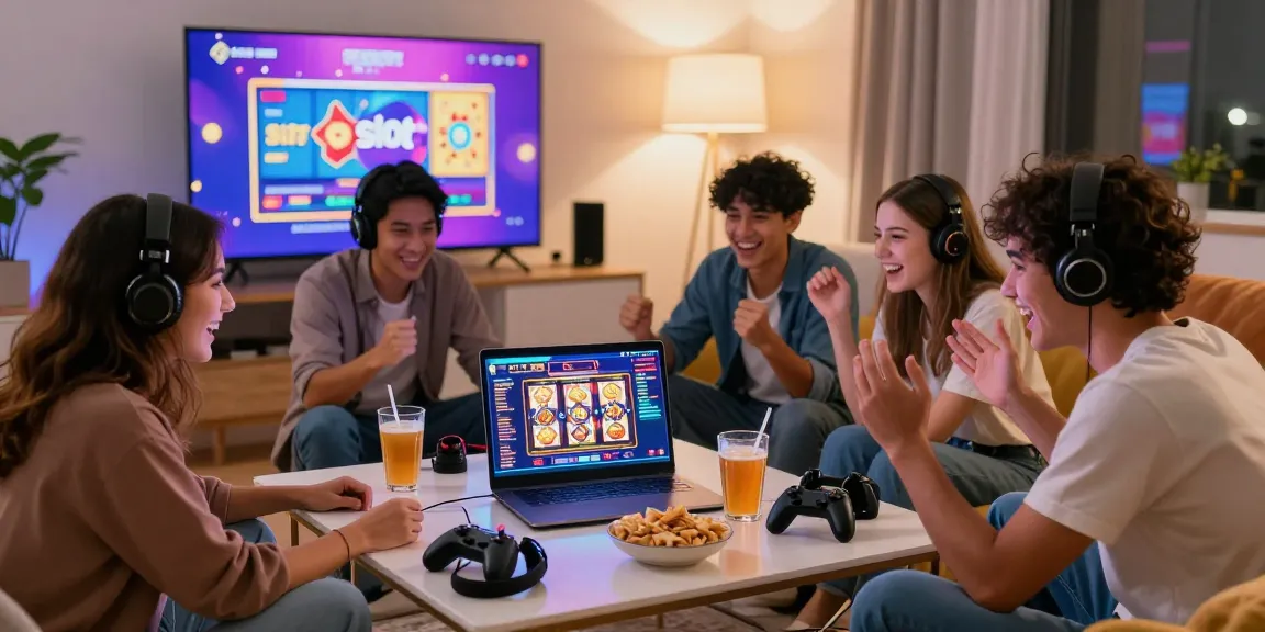 situs slot gaming friends enjoying virtual slots in a lively living room
