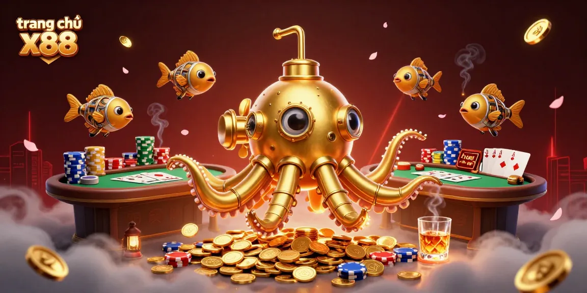 Play at trang chủ x88 with an exciting kraken submarine-themed casino illustration featuring poker elements.