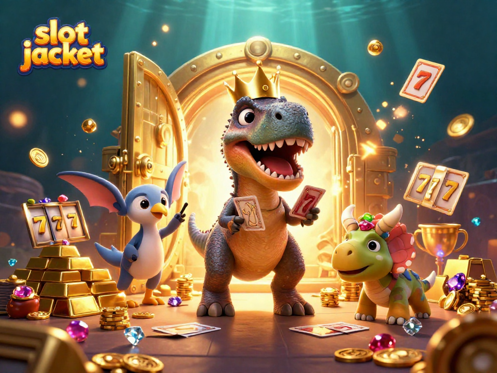 Engage with slot jackpot excitement as T-Rex, pterodactyl, and triceratops explore a treasure-filled scene.