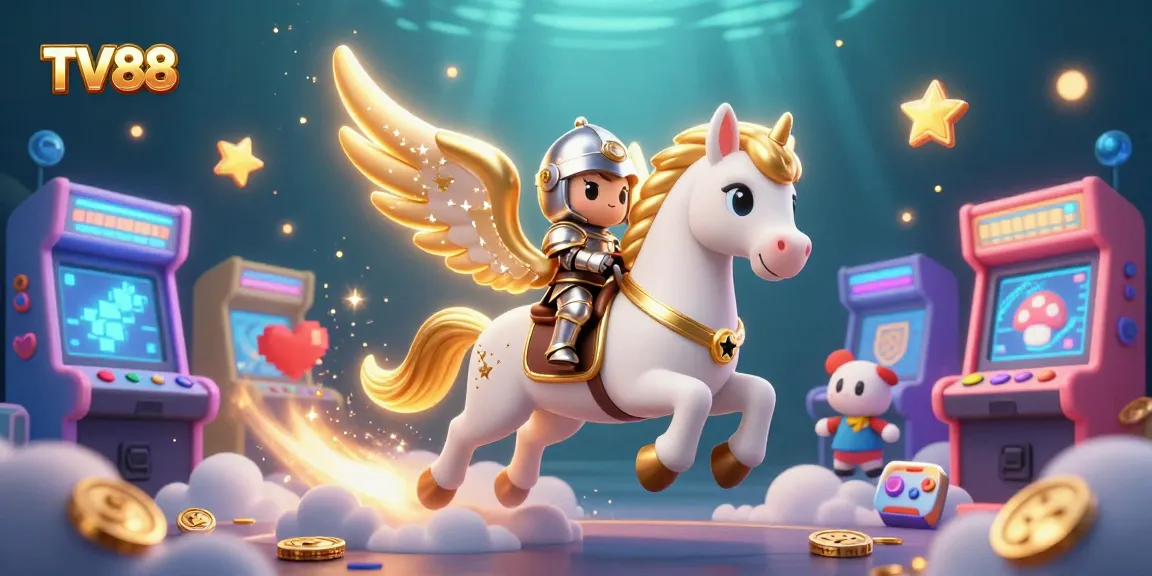Experience the excitement of TV88 with a vibrant 3D illustration featuring a celestial horse and armored knight in a dynamic gaming scene.