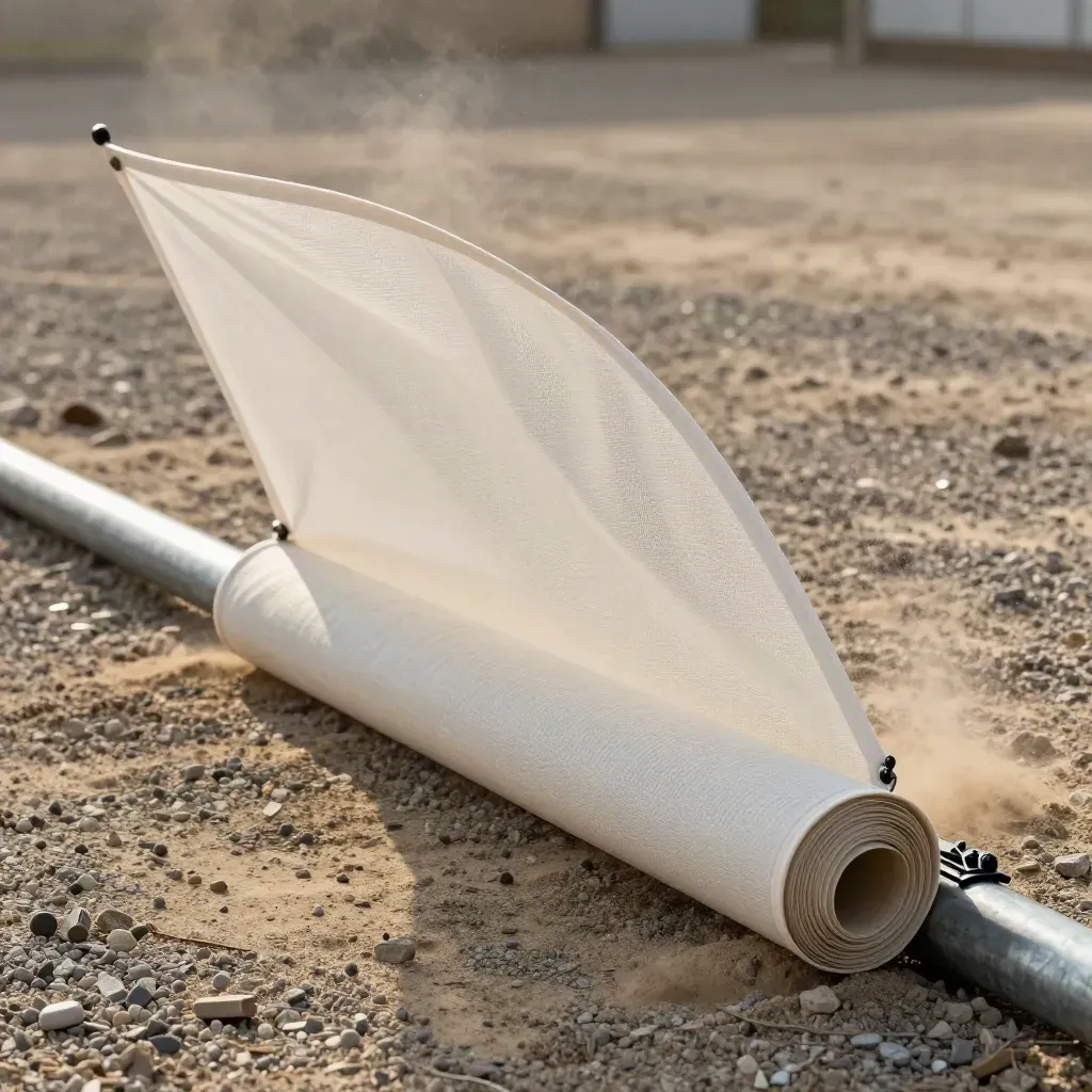 Outdoor mesh banner on rail with cords, rolled spare banner, and weighted clips in windy gravel yard.