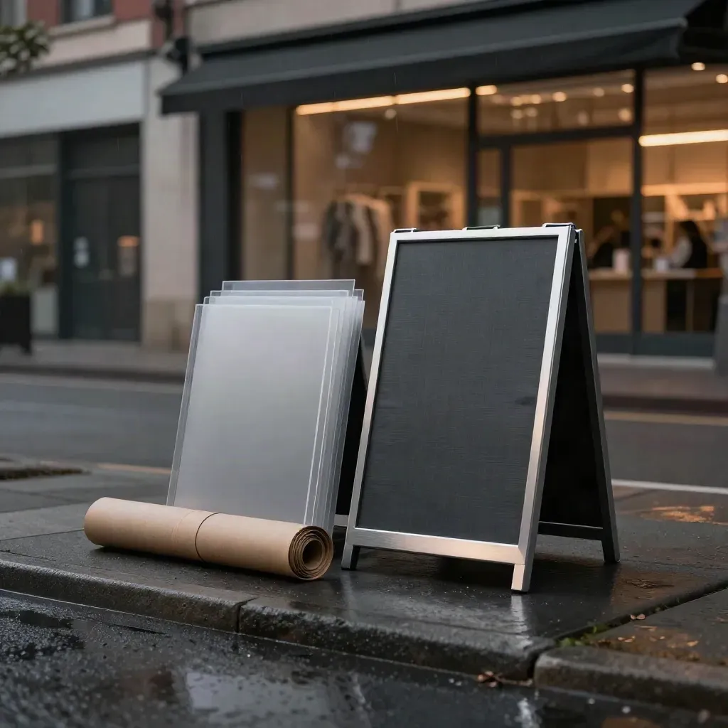Storefront sign package with banner, decal sheets, install case, and fascia panel on wet pavement.