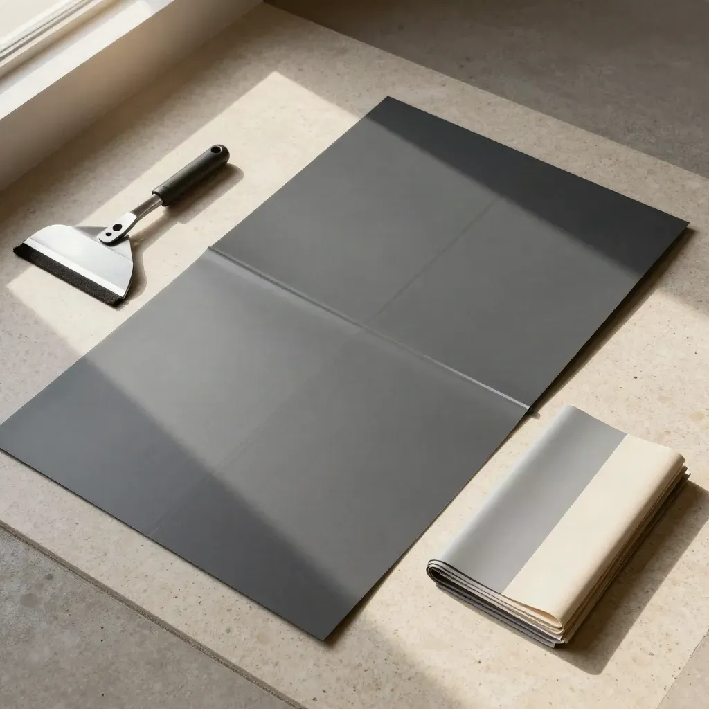 Top-down van wrap kit with vinyl panels, squeegees and swatches on pale stone.