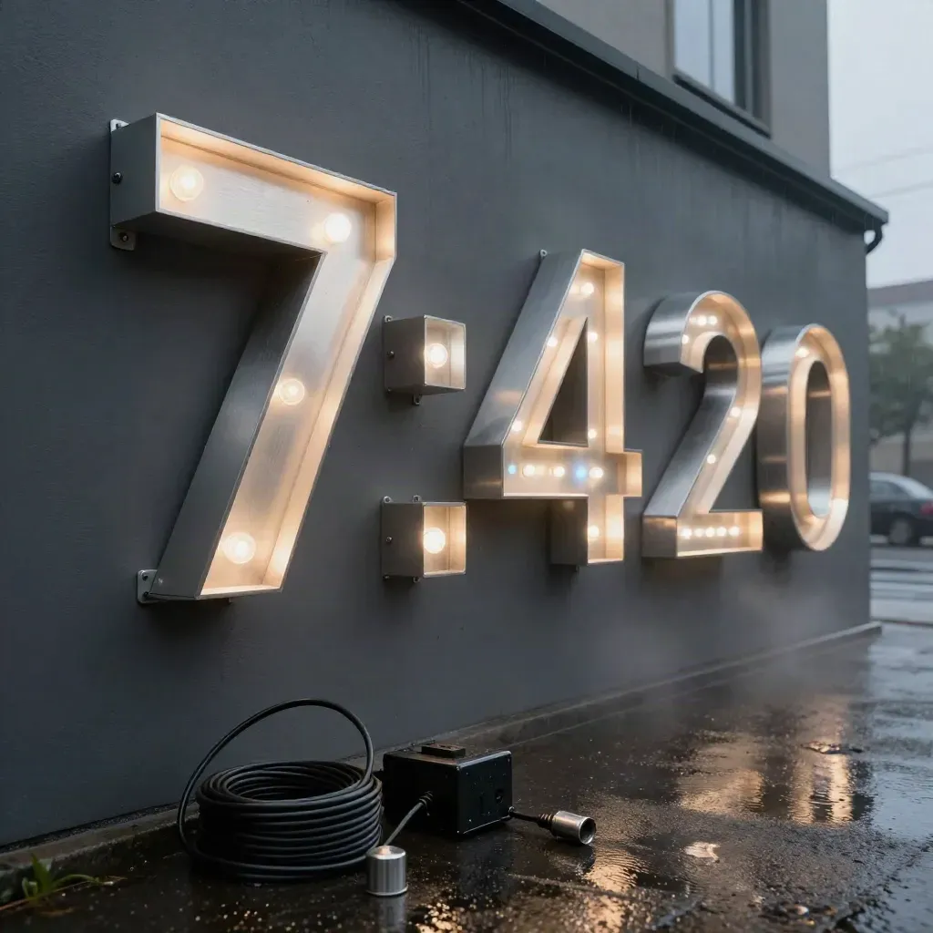 Glowing channel letters on a wet graphite facade with blue LED accents and rain mist