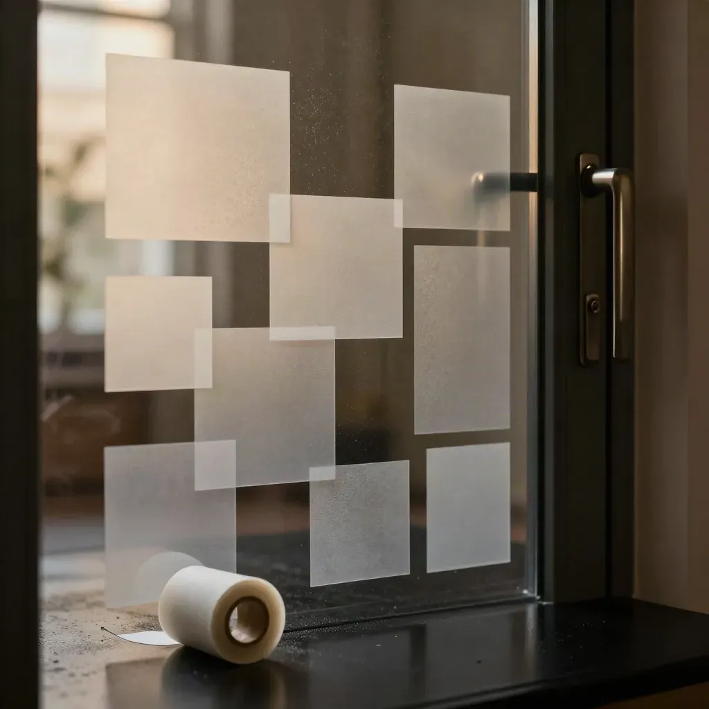 Frosted vinyl decal samples on a glass door with a blurred metal pull and backing film roll.