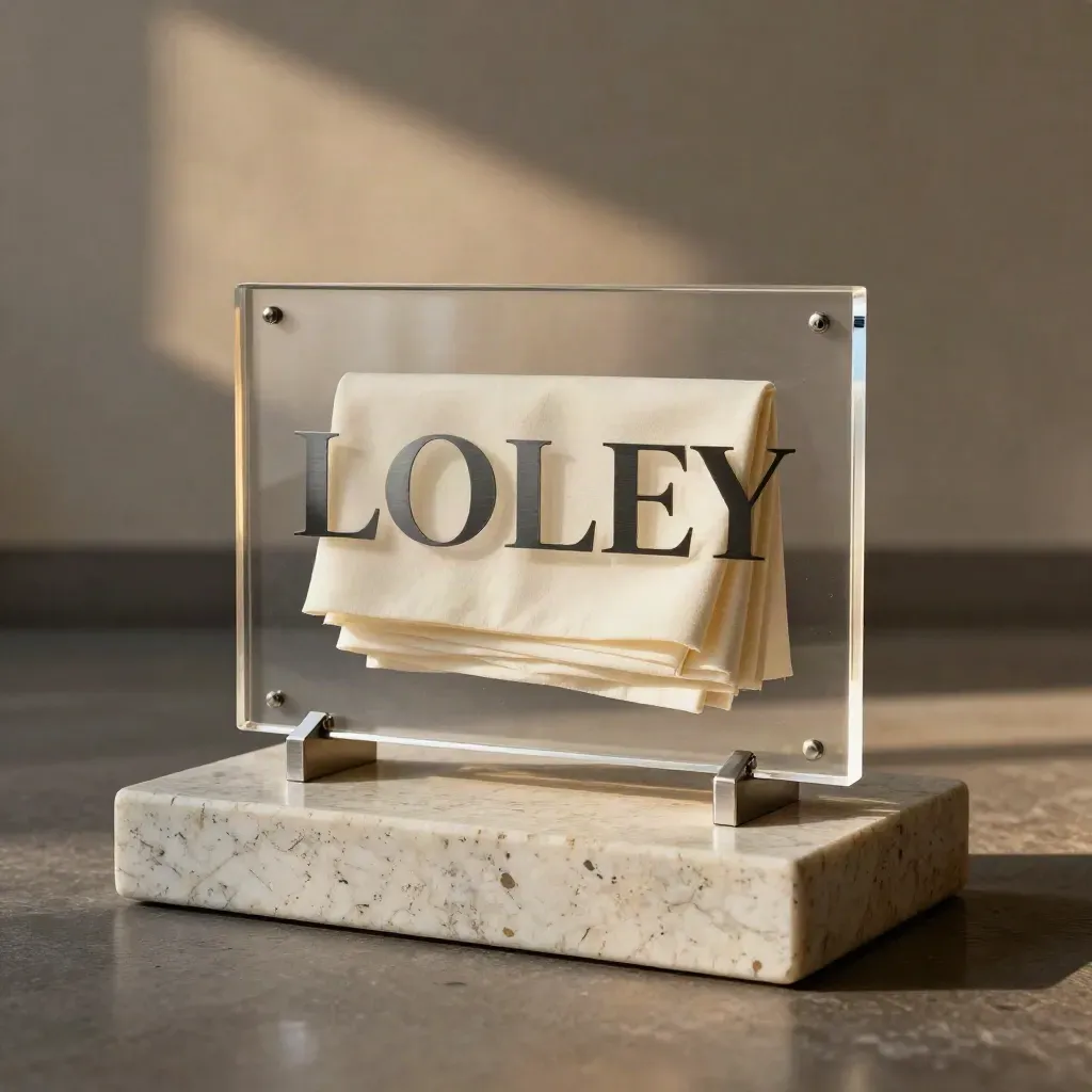 Layered acrylic lobby logo plaque on travertine with cloth and brushed metal standoffs