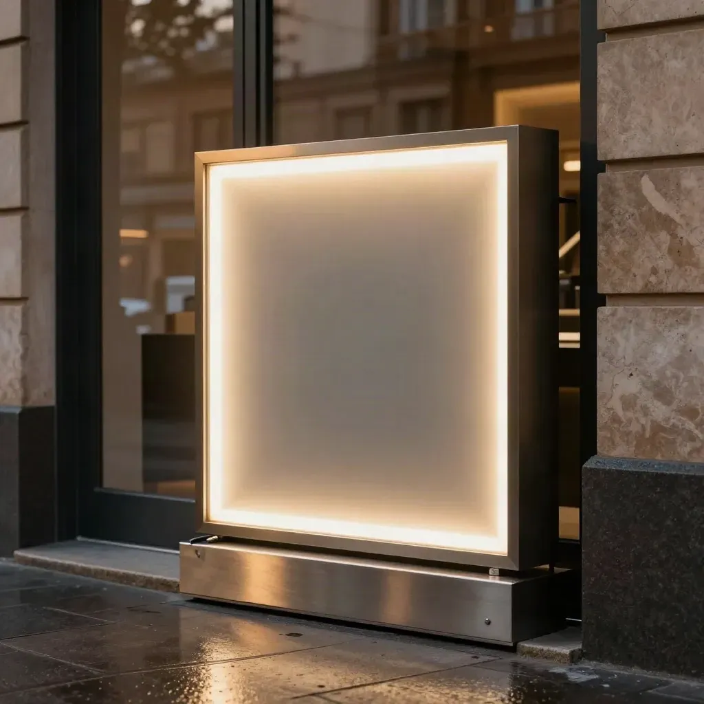 Glowing LED storefront panel at a misty doorway with brushed metal threshold and dark glass.