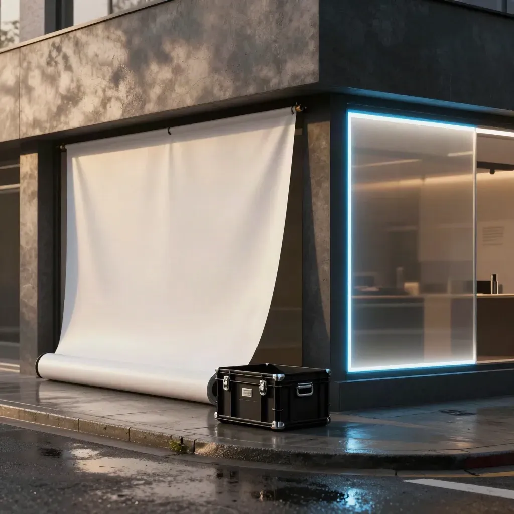 Wet storefront sign kit with banner, decal rolls, install crate, and glowing facade mockup.