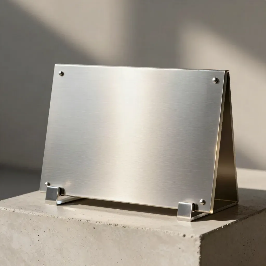 Brushed aluminum office sign plaque with offcut strip on a concrete block, softly lit