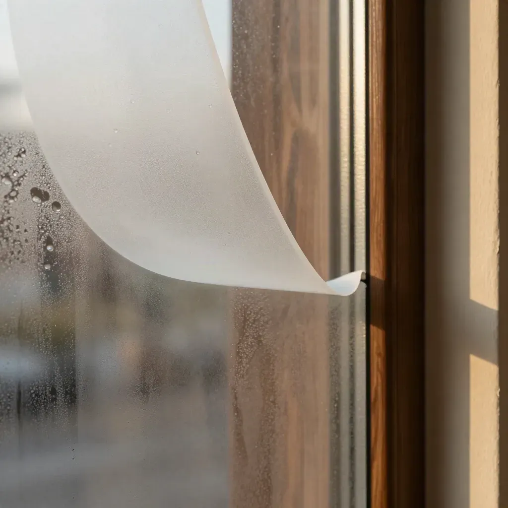 Frosted window film curling on glass with water beads and a misty blurred interior beyond.