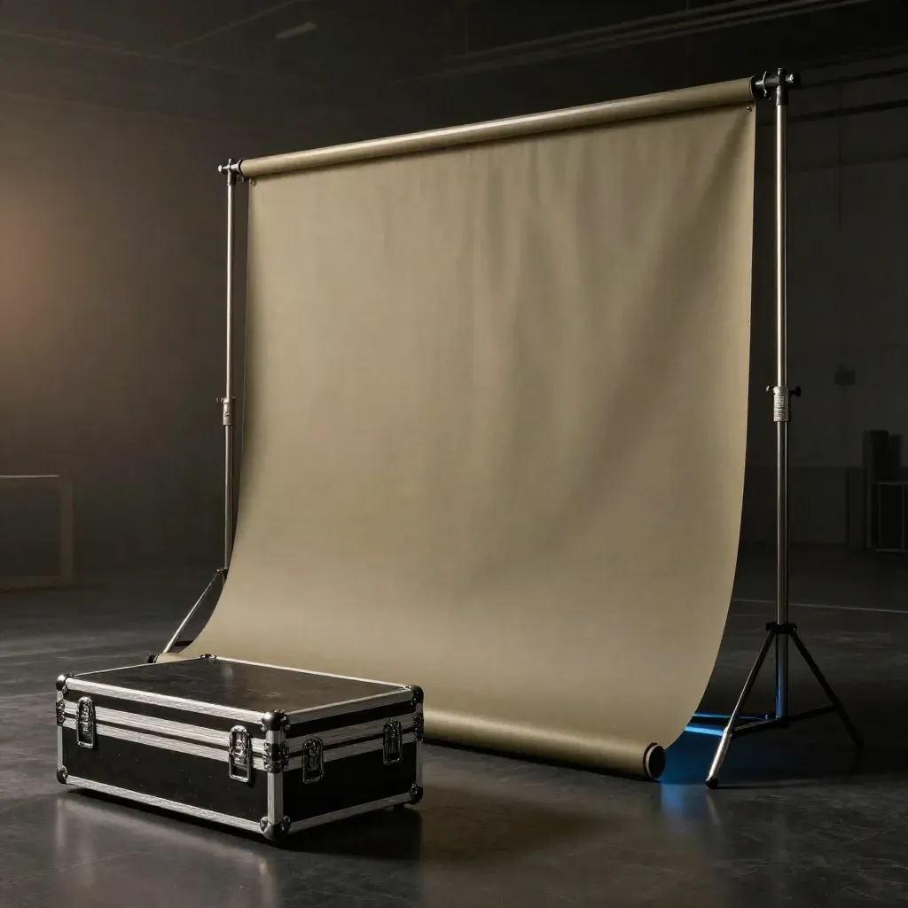 Trade show backdrop on aluminum frame with truss case and clamps in a dark expo studio.