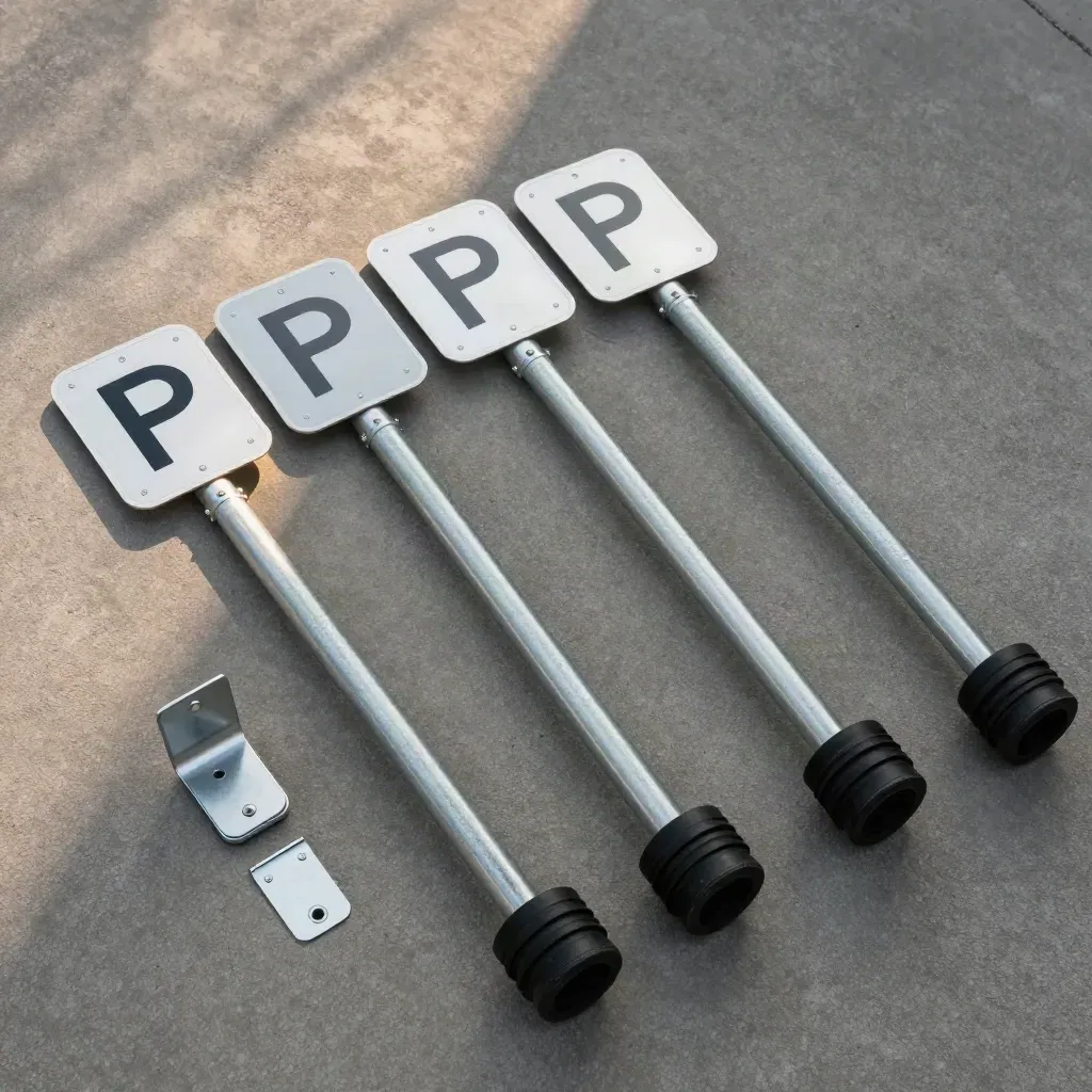 Flatlay of four reflective parking lot signs with galvanized posts and rubber sleeves on concrete.