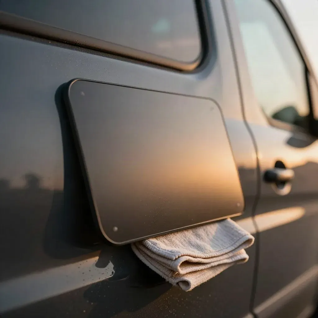 Blank magnetic car signs on a dark van door with microfiber cloth and road grit
