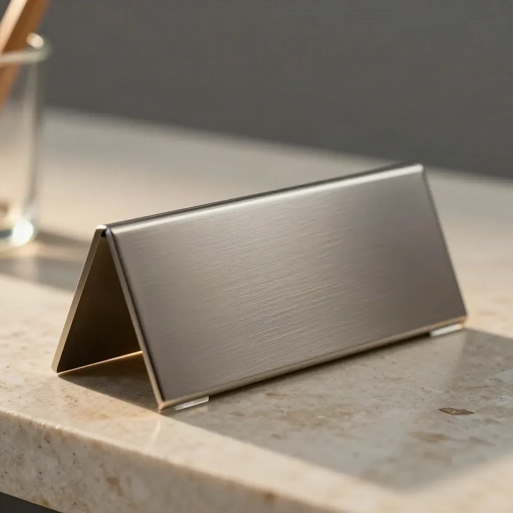 Two brushed-metal desk name plates on a stone desktop with a blurred pencil cup edge.