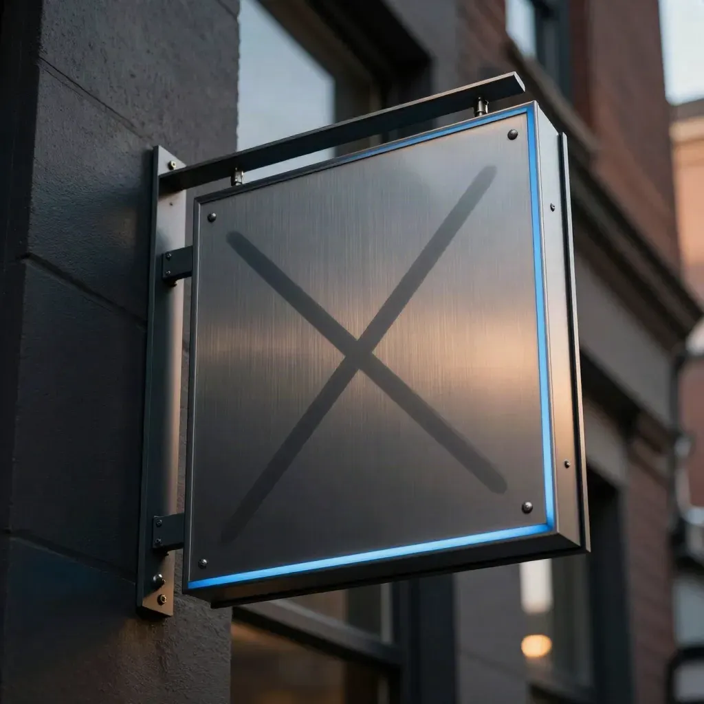 Low-angle blade sign panel with wall bracket and spare arm against a dusk-lit city facade.
