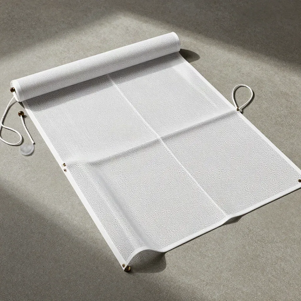 Top-down white mesh banner with grommets and cords on concrete, one corner lifted in breeze.