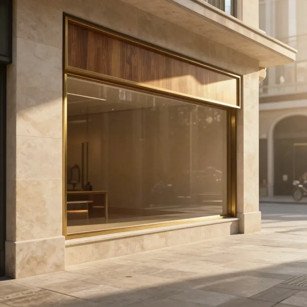 Sunlit limestone arcade with brass trim and a blank retail recess
