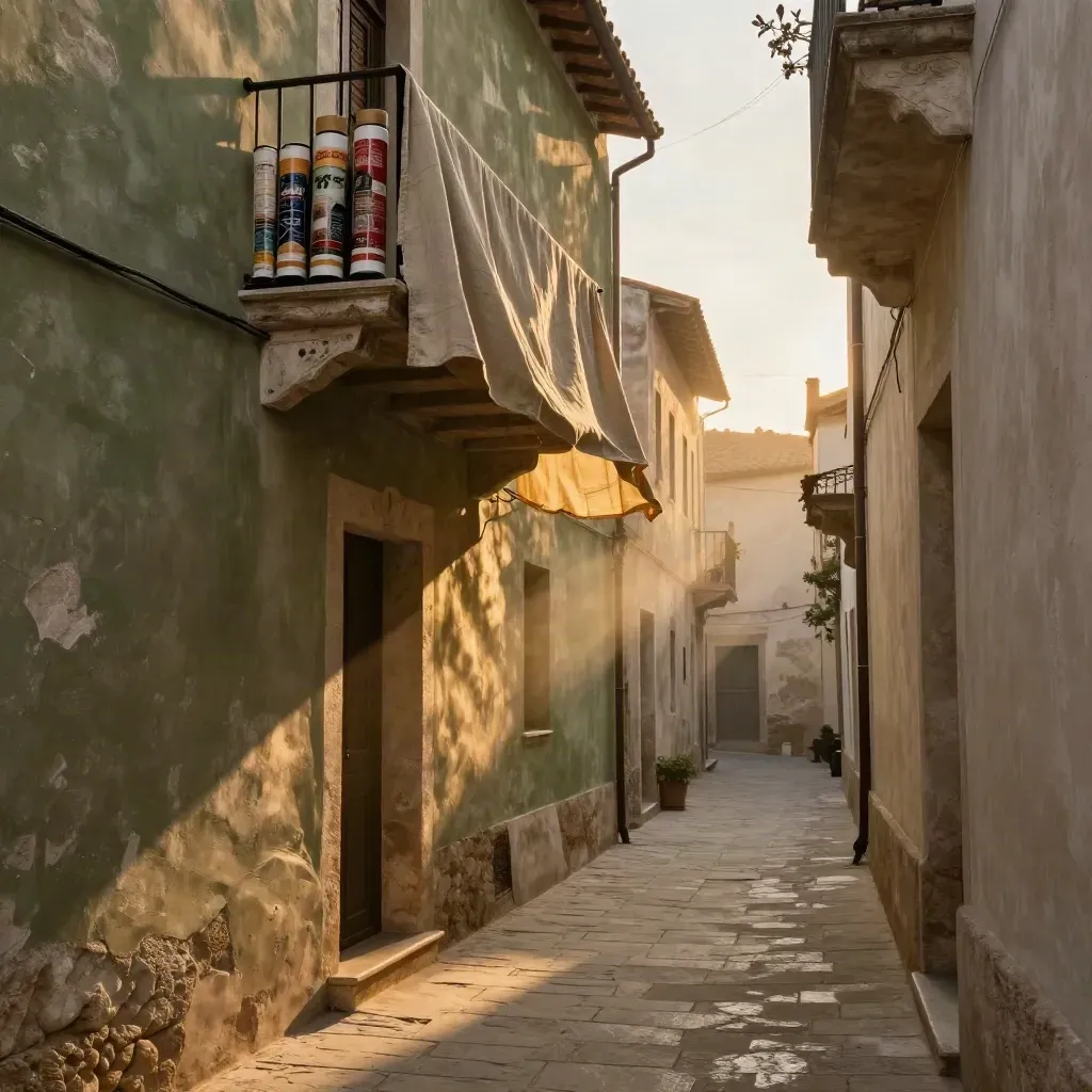 Golden-hour alley with linen awning, poster tubes and stone path in calm copy space.