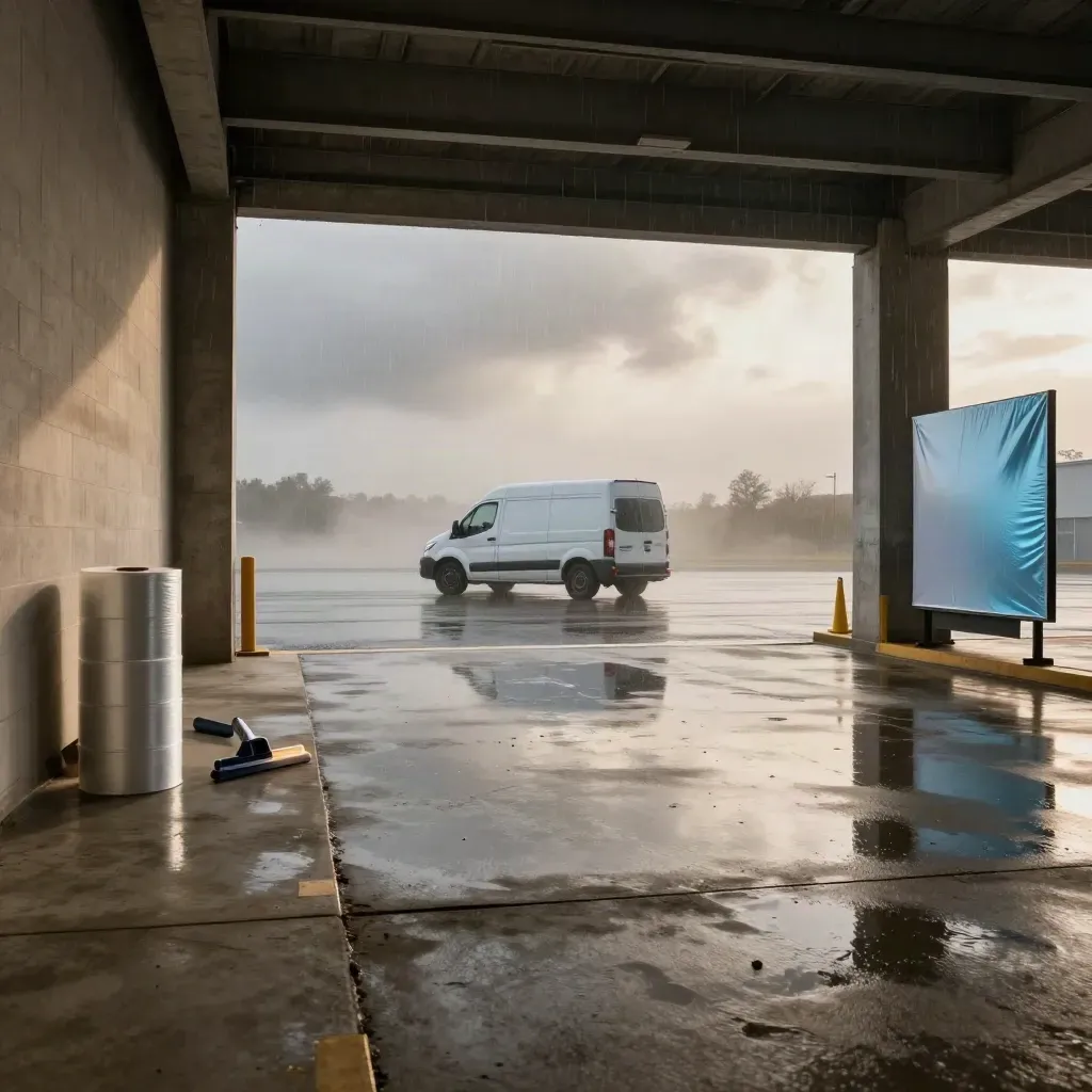 Rainy loading bay with a white van silhouette, wet asphalt reflections, steel beams, and wrap materials.