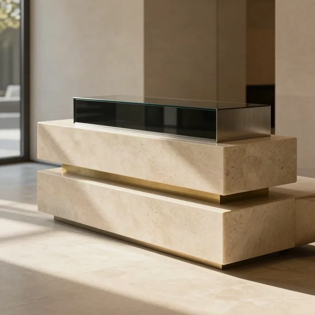 Stone-and-brass lobby display pedestal in a sunlit modern interior with calm floor space