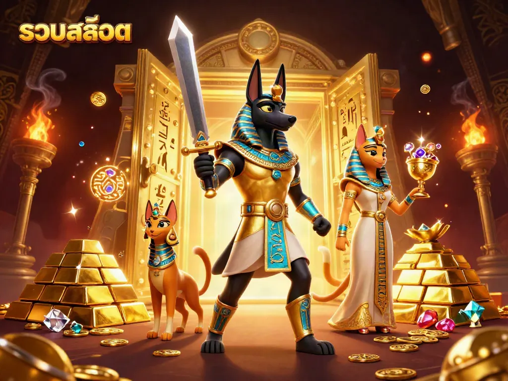Experience the thrilling world of รวมสล็อต with rich Egyptian-themed slot visuals, treasure, and characters.