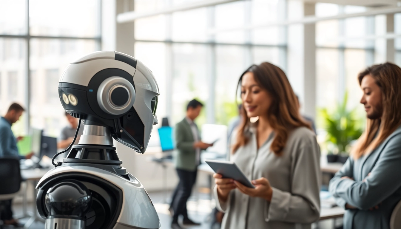 Ai Bots collaborating with humans in a modern office environment, showcasing innovative technology.