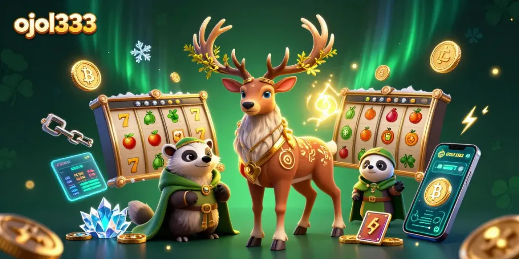 Engage with the magic of ojol333 in a vibrant gaming scene filled with interactive slots and mystical characters.