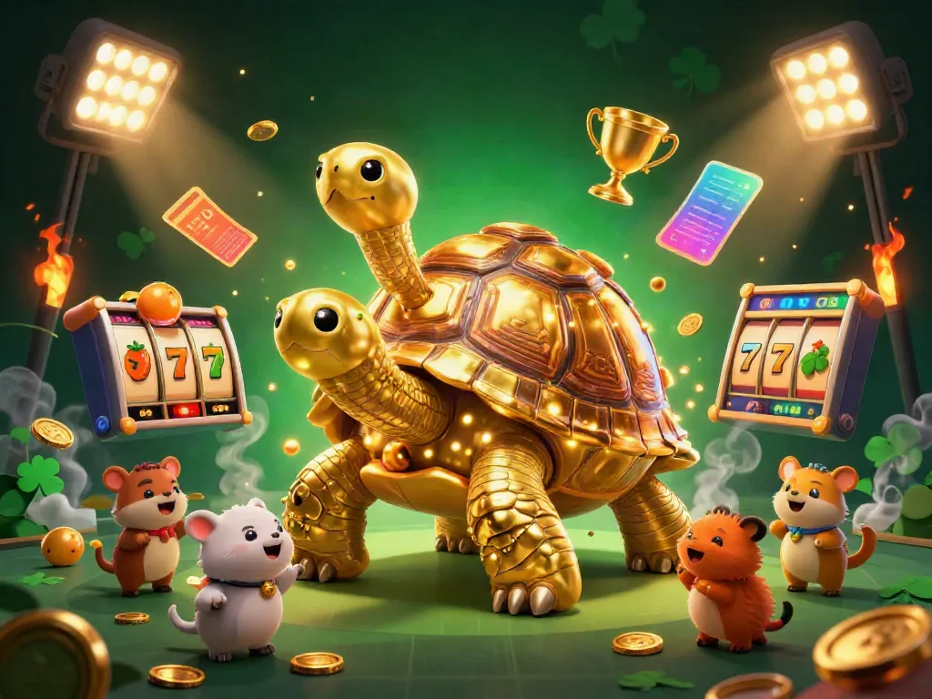 Permainan slot dengan karakter kura-kura emas besar dan mesin pinball, penuh dengan elemen kasino.