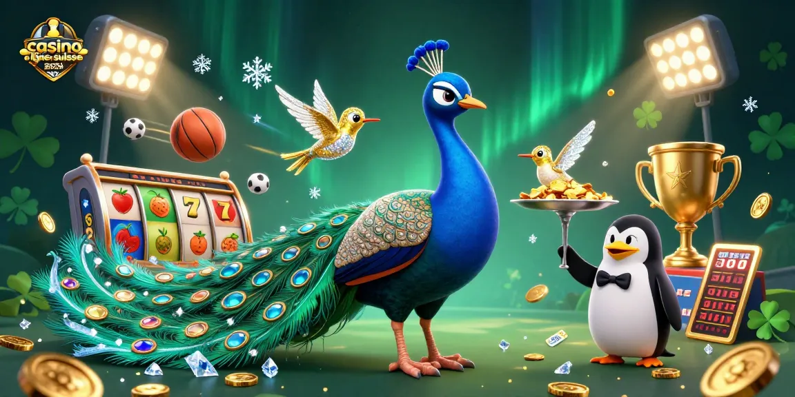 Illustre la magie du casino en ligne suisse 2026 avec un paon aristocratique et des éléments de jeux dynamiques.